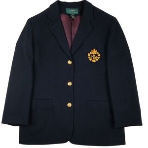 1990s Vintage Ralph Lauren Crest Patched Crepe Wool Gold Button Sport Blazer